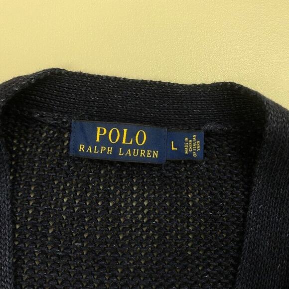 Polo Ralph Lauren Linen Cardigan Sweater Mens Large Blue Elbow Patches Academia - Picture 12 of 13